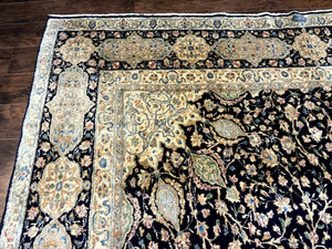 Large Persian Kerman Rug 10x14, Navy Blue and Beige, Floral Medallion, Traditional Elegant Persian Carpet, Signed by Masterweaver