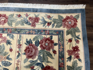 Chinese Wool Rug 8x11, Vintage 1960s Carpet, Cream and Teal, Floral Garden Panel, 8 x 11 ft Area Rug, Soft Handmade Room Sized 120 Line Rug