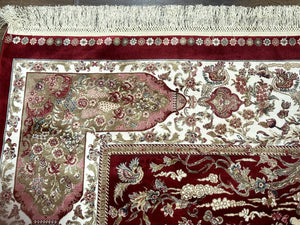 Turkish Silk Hunting Scene Rug 5 x 7.6, Red & Ivory, Bamboo Silk, New