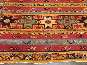 Unique Moroccan Rug 7x10, Room Sized Carpet, Red Orange Gray, Wool Oriental Striped Geometric Tribal Boho Rug, Flatweave with Raised Pile