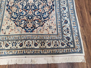 Persian Nain Rug 4x6, Ivory and Blue, Hand-Knotted, Wool & Silk