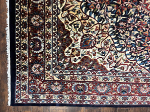 Indo Persian Rug 9x13, Floral Medallion, Midnight Blue & Burgundy, Hand Knotted Vintage Room Sized Traditional Wool Oriental Carpet
