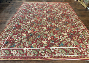 Indian Hand Stitched Rug 8x10, Large Vintage Floral Handmade Carpet, Dark Red Multicolor