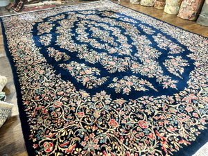Antique Persian Kerman Rug 10x13, Navy Blue Floral Carpet, Fine 270 KPSI