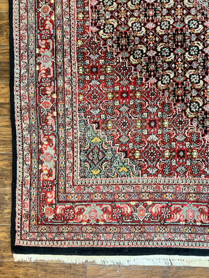 Indo Persian Rug 8x10, Wool Hand Knotted Vintage Carpet, Red & Midnight Blue, Indo Bidjar Oriental Rug, Herati Mahi Pattern, Room Sized Rug
