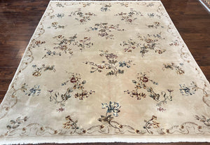 Chinese 120 Line Rug 8x10, Chinese Aubusson Wool & Silk Highlights Handmade Vintage Carpet, Beige Fine Weave Rug, Floral European Design