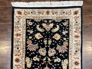 Sino Persian Short Runner Rug 2.7 x 6, Wool and Silk Highlights Black and Beige Handmade Vintage Floral Allover Oriental Carpet, Hallway Rug