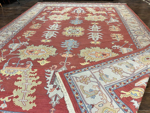 Indo Heriz Flatweave Rug 10x14, Indian Large Room Sized Carpet 10 x 14 ft, Red Green Floral Allover, Wool Handmade Vintage Oriental Rug