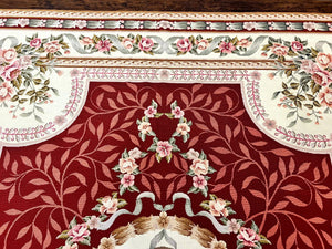 Wonderful Aubusson Rug 9x12, Handmade Vintage Needlepoint Carpet, Red and Ivory, Elegant European Design, Wool