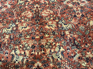 Persian Area Rug 8 x 11.6, Wool, Royal Hunting Scene, Vintage Couristan Rug, Red, Allover Pattern, Belgium Power Loomed