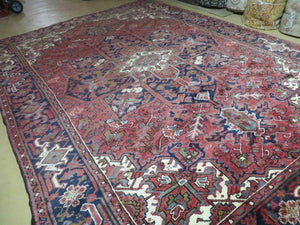 Persian Rug 8x11 Room Sized Heriz Carpet, Hand Knotted Wool Rug, Vintage Semi Antique, Geometric Medallion, Wine Red Cream Dark Blue, Wow