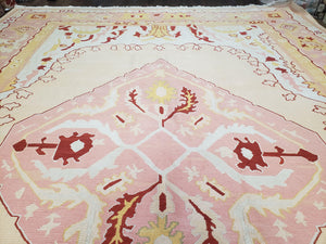 Large Turkish Kilim Carpet 10x14, Vintage Hand-Knotted Turkish Kilim Rug 10 x 14, Pink Cream Yellow Red, Decorative, Geometric, Unique