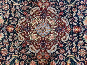 Vintage Dark Blue Persian Room Sized Rug 8x10, Wool & Silk Highlights Hand-Knotted Midnight Blue Red Floral Carpet, 8 x 10 Living Room Rug