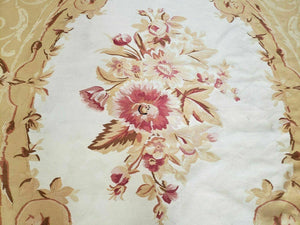 Aubusson Rug 10x13, Savonneire Carpet 10 x 13 ft, Handmade Vintage Flatweave Room Sized Wool Floral Aubusson, Cream/Tan Ivory Reds Pinks