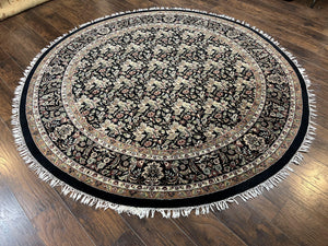 Round Oriental Rug 8x8 ft, William Morris Floral Pattern Carpet, 8 x 8 ft Round Rug, Black Cream and Tan 8ft Round Handmade Indo Persian Rug