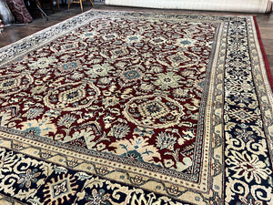 Indian Agra Rug 12x15, Maroon, Hand Knotted Vintage Palace Sized Oriental Carpet