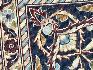 Indo Persian Sarouk Rug 9x12, Floral Allover, Dark Red & Navy Blue, Handmade Vintage Wool Carpet