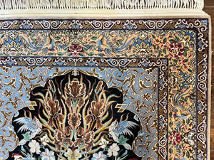 Wonderful Persian Isfahan Rug 3.7 x 5, Kork Wool on Silk Foundation, Very Fine 460 KPSI, Tree of Life Persian Vase Design Animal Pictorials Peacocks