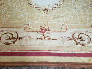 Aubusson Rug 10x13, Savonneire Carpet 10 x 13 ft, Handmade Vintage Flatweave Room Sized Wool Floral Aubusson, Cream/Tan Ivory Reds Pinks