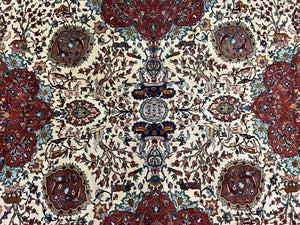 Wonderful Sino Persian Rug 6x10 with Animal Pictorial Motifs, Cream Dark Red Navy Blue, Birds Gazelles, Two Medallions, Top Quality Handmade