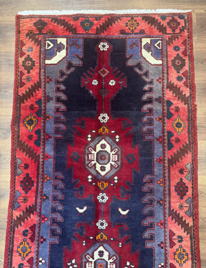 Persian Karajeh Runner Rug 3.6 x 9.5, Geometric Medallions, Tribal Village Rug, Navy Blue, Handmade