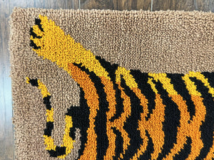 Small Hooked Rug 2x3, Tibetan Tiger Design, Wool, Unique Hooked Rug, Vintage