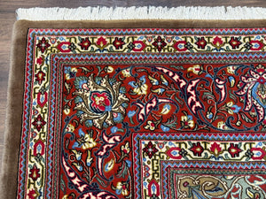 Persian Qum Rug 7x11, Beige and Red, Highly Detailed Floral Pattern, Fine 260 KPSI