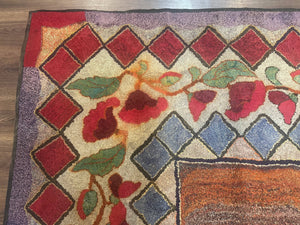 Vintage American Hooked Rug 6x7, Unique Colors, Red Lavender Cream, Abstract