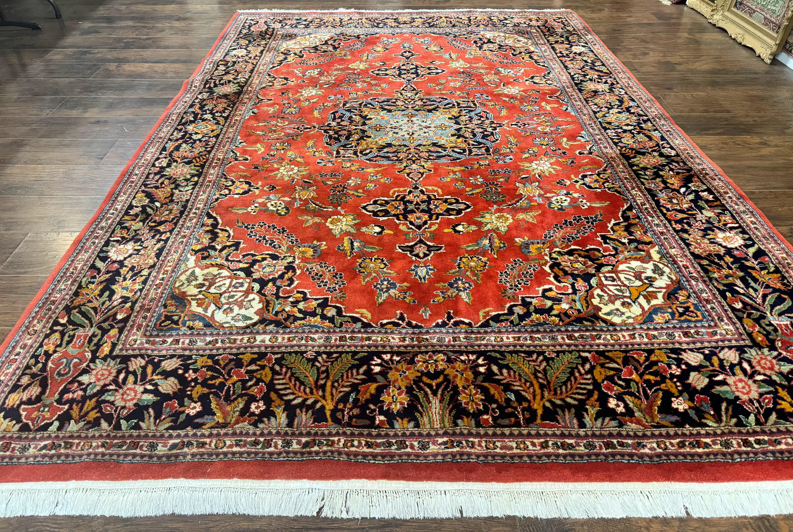 Indo Persian Rug 7x10, Vintage Handmade Wool Carpet, Floral Medallion Traditional Rug, Red and Midnight Blue