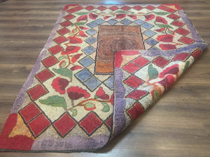 Vintage American Hooked Rug 6x7, Unique Colors, Red Lavender Cream, Abstract