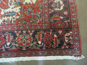 Persian Heriz Rug 7.5 x 10, Room Sized Heriz Ahar Carpet, Semi Antique Vintage Floral Large Medallion Rug, Red and Navy Blue, Hand Knotted Wool Rug