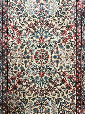 Sino Persian Runner Rug 2.7 x 10, Floral Kirman Lavar Carpet for Hallway, Cream, Handmade Wool Vintage Rug