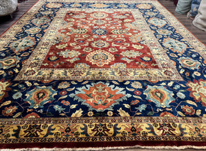 Palace Size Indo Persian Rug 12x15, Sultanabad Mahal Carpet, Red Navy Blue, Fine 210 KPSI
