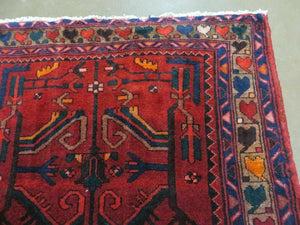 Antique Persian Hamadan Runner 3.4 x 9.7 -  Wool, Red and Navy Blue