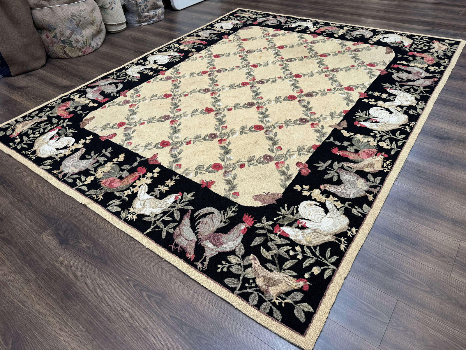 Vintage Hooked Rug 7x9, Rosters in Border, Roses and Butterflies