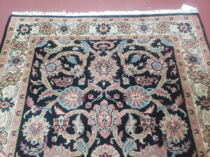 Vintage Indo Persian Mahal Area Rug 4x6, Wool Hand-Knotted Midnight Blue & Ivory Floral Design Indian Carpet, 4 x 6 Traditional Oriental Rug