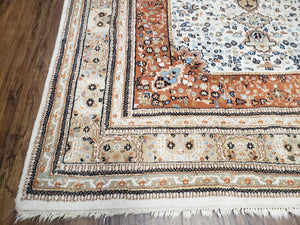6x9 Vintage Indo-Persian Area Rug, Wool Hand-Knotted Carpet, Ivory & Squash Orange, Floral Medallion Tribal Rug, Indian Carpet, Decorative