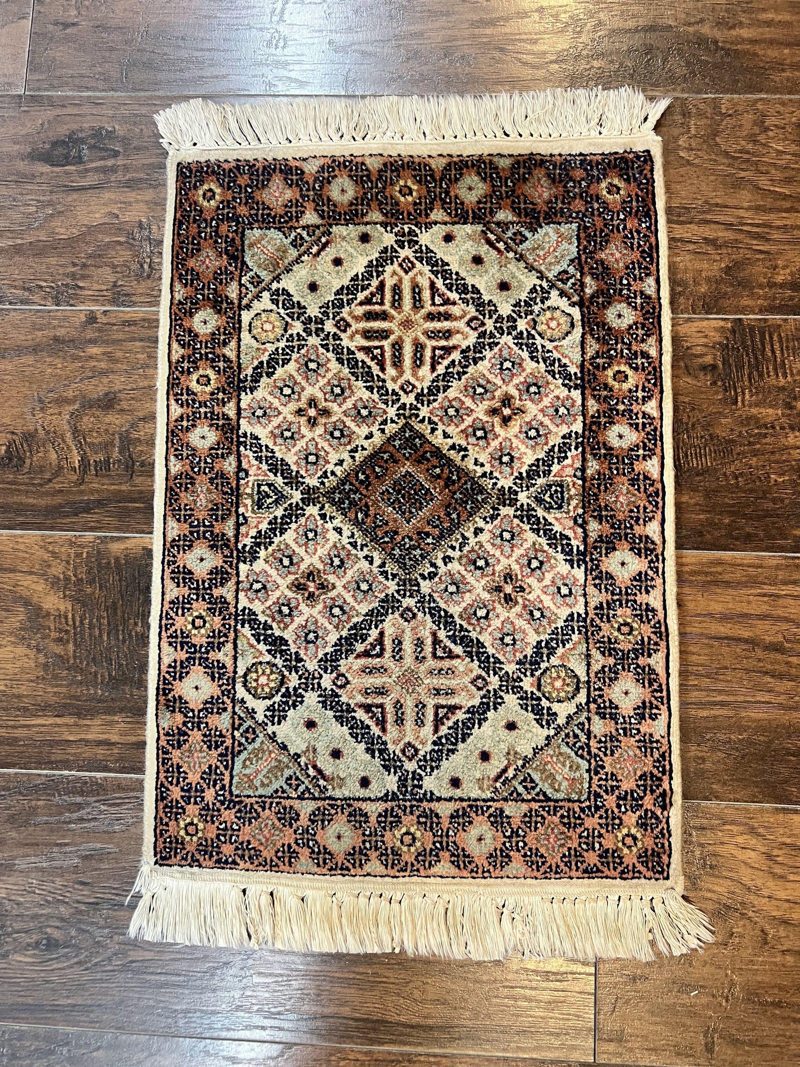 Small Indo Persian Rug 1.5 x 2, Hand Knotted Oriental Carpet, Wool Vintage Handmade, Cream Multicolor, Panel Design