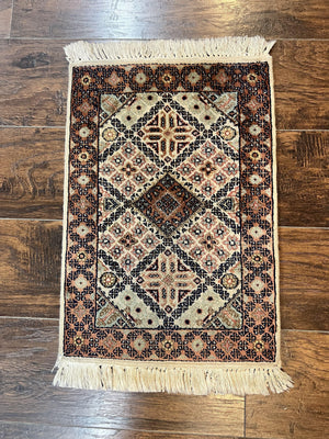 Small Indo Persian Rug 1.5 x 2, Hand Knotted Oriental Carpet, Wool Vintage Handmade, Cream Multicolor, Panel Design