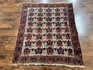 Persian Afshar Rug 4x5, Repeated Motif, Ivory & Burgundy, Wool Tribal Oriental Carpet, Handmade Vintage Semi Antique Medium Sized Rug