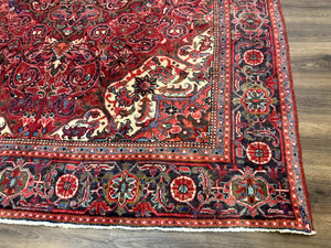 Persian Heriz Rug 7x10, Red and Navy, Geometric Medallion, Vintage Wool Carpet