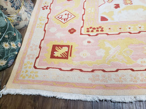 Large Turkish Kilim Carpet 10x14, Vintage Hand-Knotted Turkish Kilim Rug 10 x 14, Pink Cream Yellow Red, Decorative, Geometric, Unique