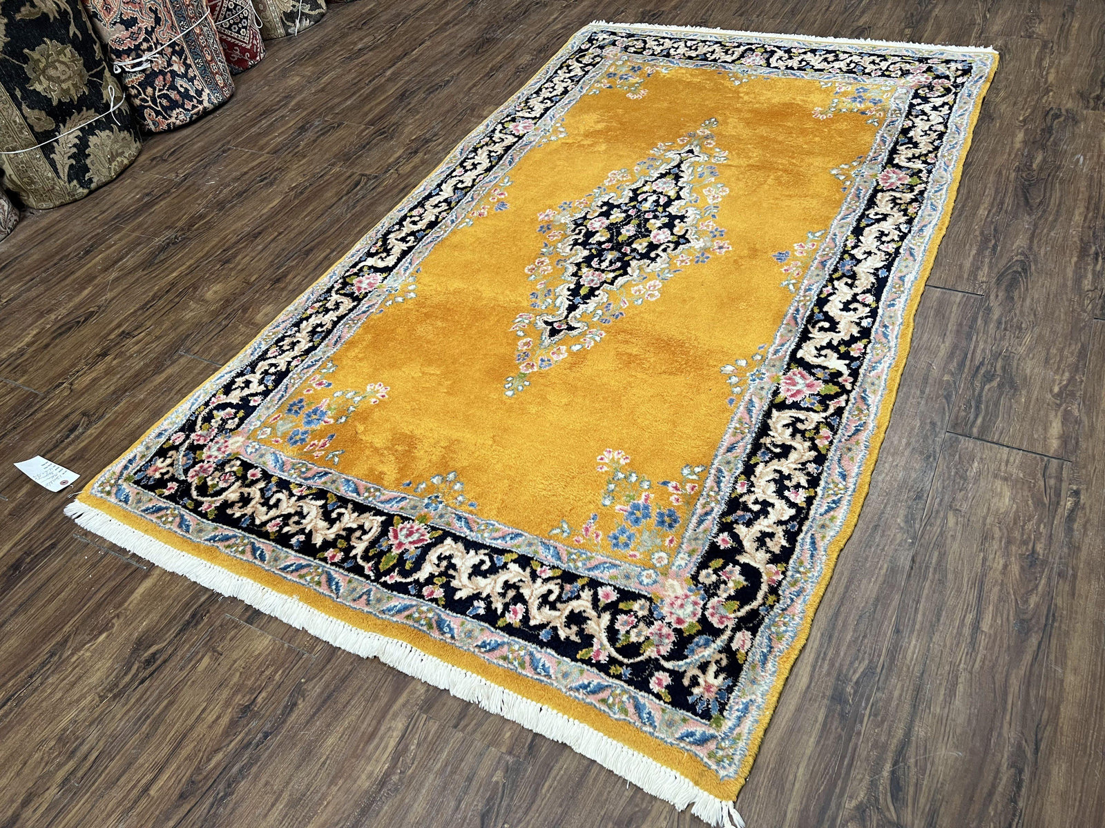 Vintage Persian Kirman Rug 4x7, Unique Colors, Mustard and Black Rug, Open Field with Central Medallion, Wool Oriental Rug, Persian Carpet Handmade