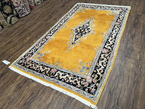 Vintage Persian Kirman Rug 4x7, Unique Colors, Mustard and Black Rug, Open Field with Central Medallion, Wool Oriental Rug, Persian Carpet Handmade
