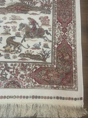 Long Turkish Silk Runner Rug 2.6 x 16.5, Hunting Design, Ivory, Bamboo Silk, New