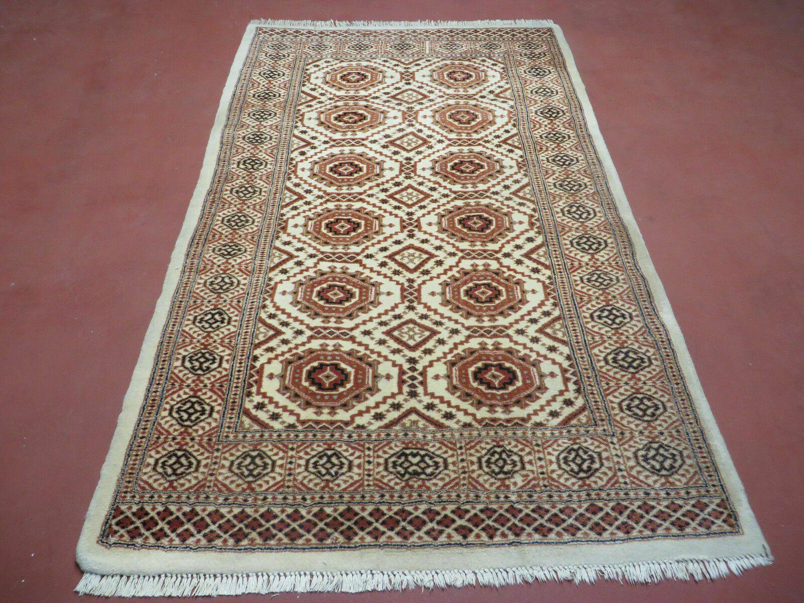 4' X 7' Vintage Handmade Pakistani Turkoman Bokhara Balouch Woven Wool Rug Ivory