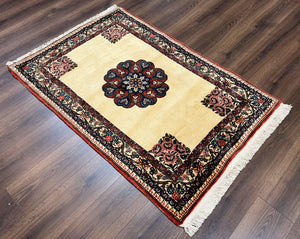 Persian Bidjar Rug 3x5, Open Field Medallion, Hand Knotted, Ivory/Cream Red Blue, Wool Oriental Bijar Carpet, 3 x 5 Vintage Area Rug, Floral Roses, Fine