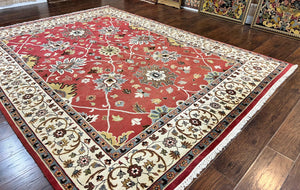 Indo Persian Rug 9x12, Wool Hand Knotted Vintage Carpet, Red & Ivory, Floral Allover, 9 x 12 Room Sized Rug