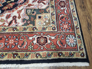 Vintage Indo Heriz Area Rug 8x10, Indo Persian Carpet 8 x 10, Red Dark Blue & Beige/Cream Indian Rug, Decorative Pattern, Wool, Hand-Knotted