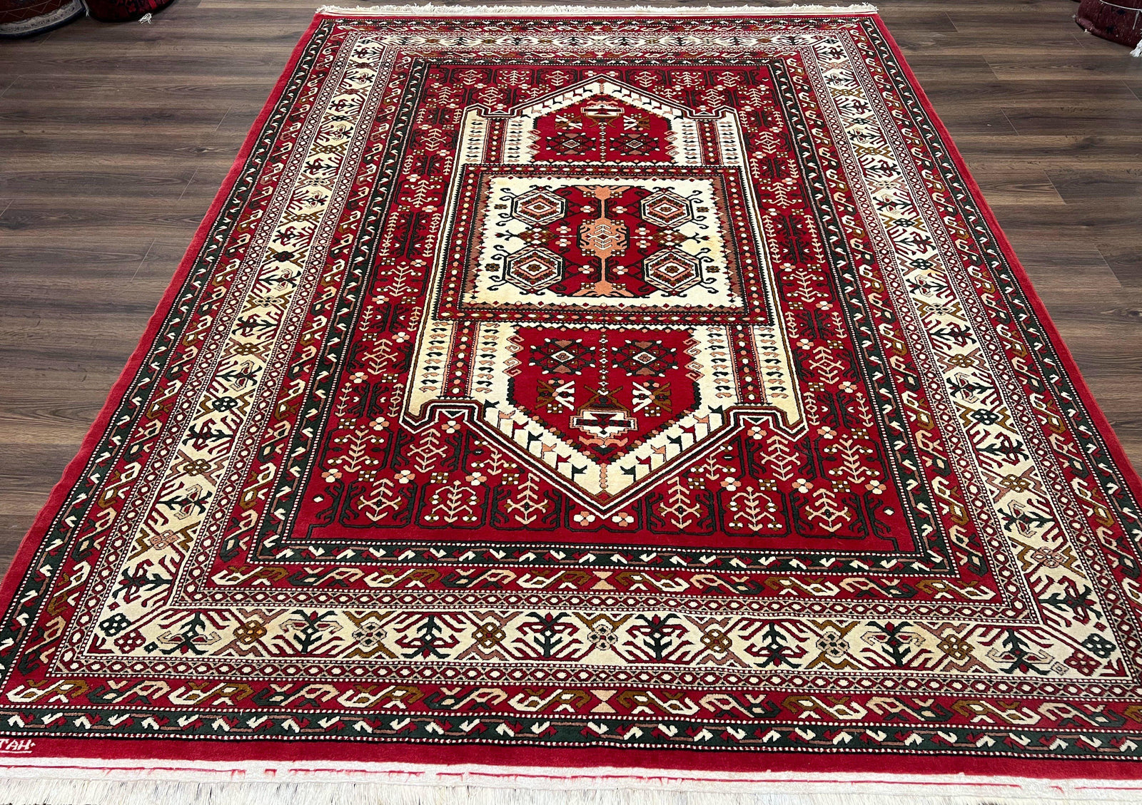 Wool Kazak Pattern Rug 7x10, Geometric Pakistani Hand Knotted Carpet, Large Medallion, Red Cream Dark Green, Room Sized Vintage Oriental Rug